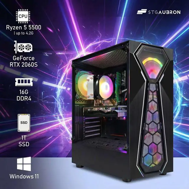 Alt view image 2 of 6 - STGAubron Gaming PC Computer Desktop, AMD Ryzen 5 5500 up to 4.2G, GeForce RTX 2060 Super 8G, 16G DDR4, 1T SSD, WiFi 6, BT 5.2, RGB Fan x4, Windows 11 Home