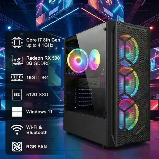 Alt view image 2 of 5 - STGAubron Gaming PC Computer Desktop, Intel Core i7 8th Gen up to 4.1G, Radeon RX 580 8G, 16G DDR4, 512G SSD, WiFi 6, BT 5.2, RGB Fan x6, Windows 11 Home