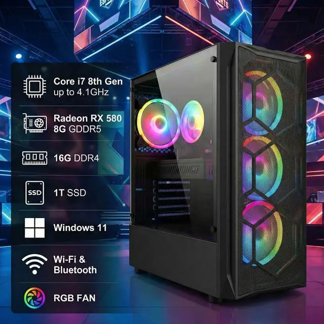Alt view image 2 of 5 - STGAubron Gaming PC Computer Desktop, Intel Core i7 8th Gen up to 4.1G, Radeon RX 580 8G Graphics, 16G DDR4 RAM, 1TB SSD, WiFi 6, BT 5.2, RGB Fan x6, Windows 11 Home