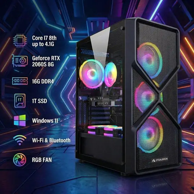 Alt view image 2 of 5 - STGAubron Gaming PC Computer Desktop, GeForce RTX 2060 Super 8G Graphics, Intel Core I7 8th Gen up to 4.1GHz, 16G DDR4 RAM, 1TB SSD, WiFi 6 & BT 5.2, RGB Fan x6, Windows 11 Home