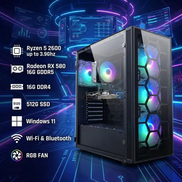 Alt view image 2 of 5 - STGAubron Gaming PC Desktop, AMD Ryzen 5 2600 up to 3.9Ghz, AMD Radeon RX 580 16G Graphics, 16G DDR4 RAM, 512GB SSD, USB WiFi 6, BT 5.0, RGB Fan x6, Windows 11 Home