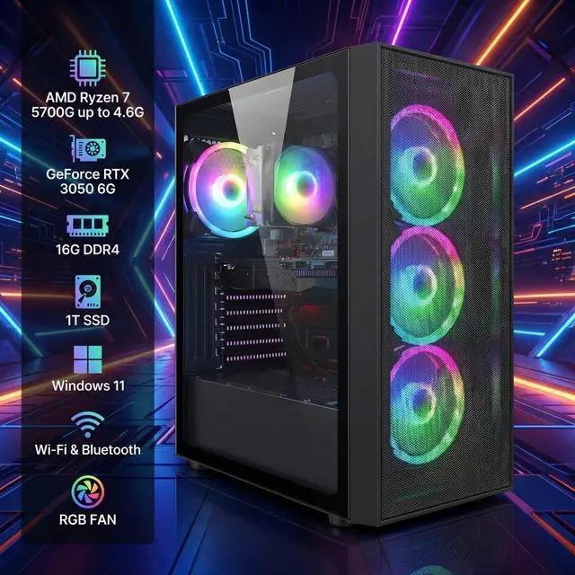 Alt view image 2 of 6 - STGAubron Gaming PC Computer Desktop, AMD Ryzen 7 5700G up to 4.6G, GeForce RTX 3050 6G, 16G DDR4, 1T SSD, WiFi 6, BT 5.2, RGB Fan x4, Windows 11 Home
