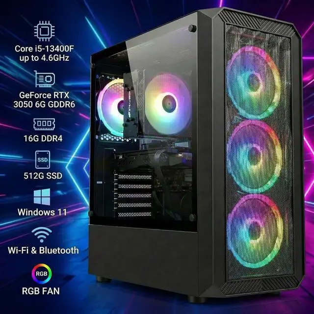 Alt view image 2 of 5 - STGAubron Gaming PC Computer, Intel Core i5-13400F up to 5.0GHz, GeForce RTX 3050 6G, 16G DDR4, 512G SSD, WiFi 6, BT 5.2, RGB Fan x4, Windows 11 Home