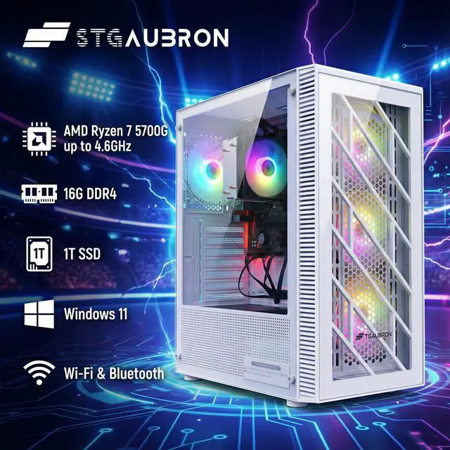 Alt view image 2 of 6 - STGAubron RGB PC Computer Desktop, AMD Ryzen 7 5700G up to 4.6G, 16GB DDR4, 1TB SSD, WiFi 6 & BT 5.2, RGB Fan x4, RGB Keyboard & Mouse, Windows 11 Home