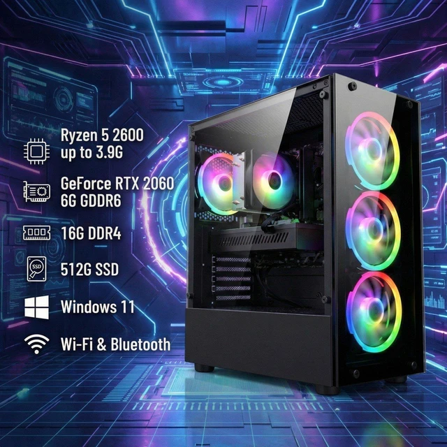 Alt view image 2 of 5 - STGAubron Gaming Desktop PC, AMD Ryzen 5 PRO 2600 up to 3.9G, 16G DDR4, 512G SSD, GeForce RTX 2060 6G, 600M WiFi, BT 5.0, RGB Fan x 4, RGB Keyboard & Mouse, W11H64