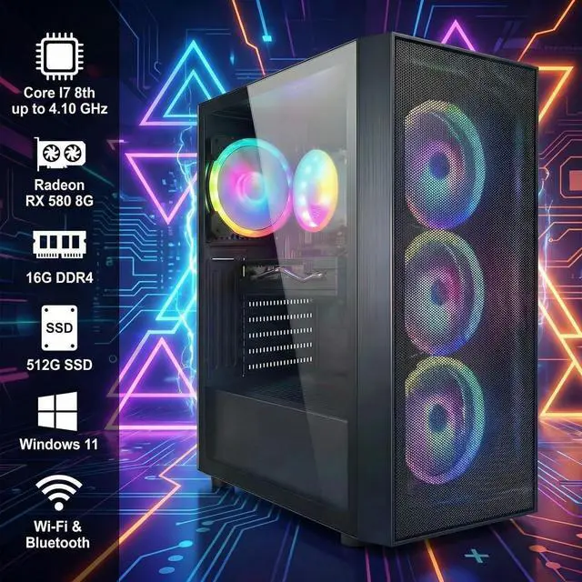 Alt view image 2 of 6 - STGAubron Gaming PC Computer Desktop, Radeon RX 580 8G, Intel Core I7 8th up to 4.1GHz, 16G DDR4, 512G SSD, WiFi 6 , BT 5.2, RGB Fan x4, Windows 11 Home