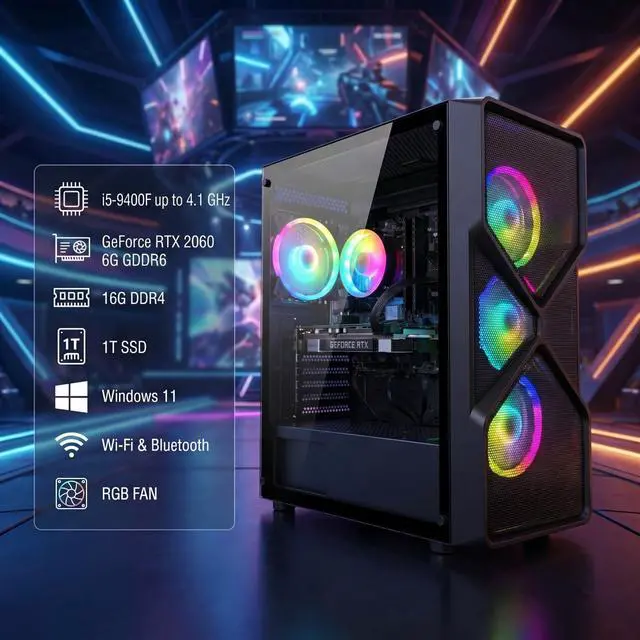 Alt view image 2 of 6 - STGAubron Gaming PC Computer Desktop, Intel Core i5-9400F up to 4.1Ghz, GeForce RTX 2060 6G Graphics, 16GB DDR4 RAM, 1TB SSD, WIN11H