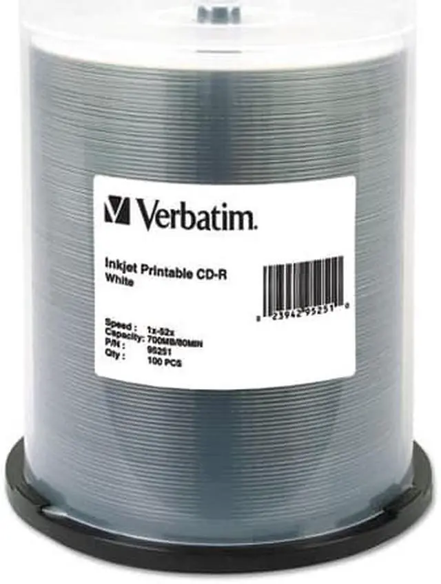 Alt view image 5 of 5 - Verbatim CD-R 700MB 52X White Inkjet Printable - 100pk Spindle
