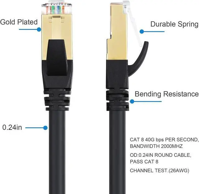 Alt view image 2 of 7 - Cat8 Ethernet Cable, Outdoor&Indoor, 10FT Heavy Duty High Speed 26AWG Cat8 LAN Network Cable 40Gbps, 2000Mhz with Gold Plated RJ45 Connector, Weatherproof S/FTP UV Resistant for Router/Gaming