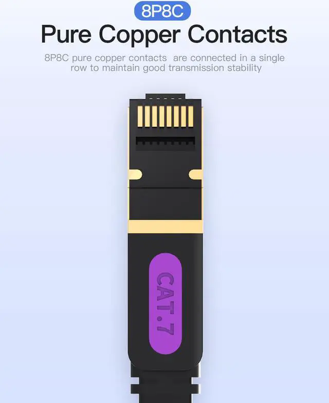 Alt view image 4 of 7 - Cat7 Ethernet Cable, Vention Flat High Speed 10 Gigabit LAN Network Patch Cable with Clips, Faster Than Cat6 Cat5e, Shielded RJ45 Connectors for Xbox One, Switch, Router, Modem, Printer- Black/15ft