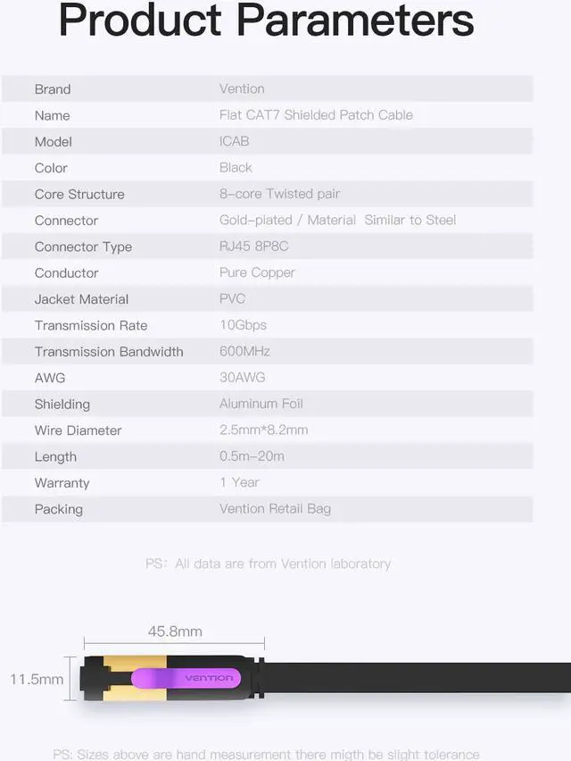 Alt view image 4 of 7 - Cat7 Ethernet Cable, Vention Flat High Speed 10 Gigabit LAN Network Patch Cable with Clips, Faster Than Cat6 Cat5e, Shielded RJ45 Connectors for Xbox One, Switch, Router, Modem, Printer- Black/25ft