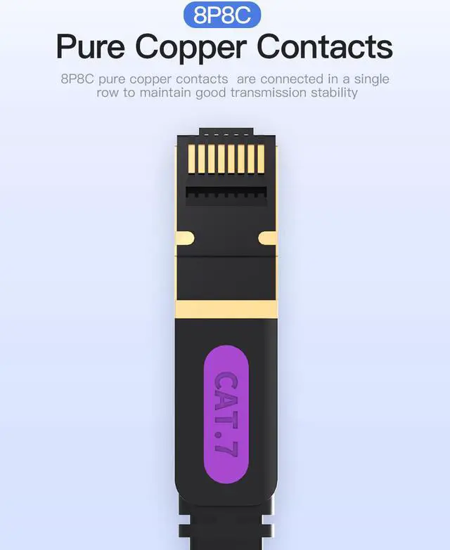 Alt view image 3 of 7 - Cat7 Ethernet Cable, Vention Flat High Speed 10 Gigabit LAN Network Patch Cable with Clips, Faster Than Cat6 Cat5e, Shielded RJ45 Connectors for Xbox One, Switch, Router, Modem, Printer- Black/25ft