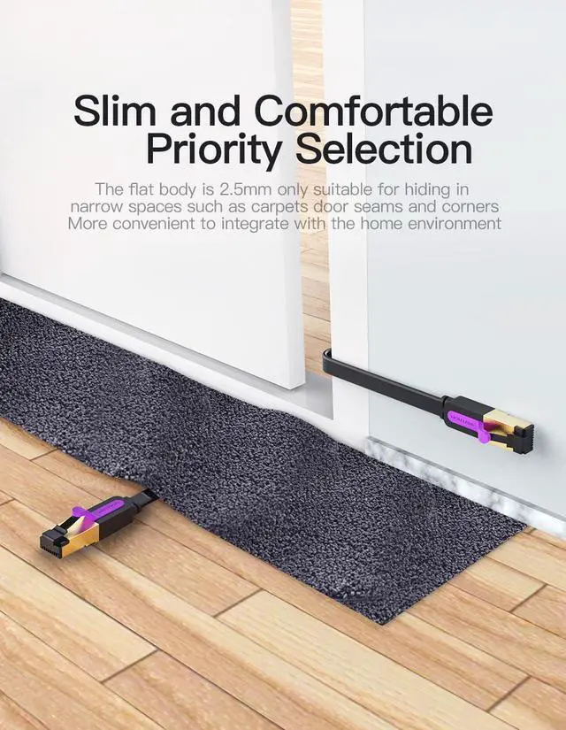 Alt view image 5 of 7 - Cat7 Ethernet Cable, Vention Flat High Speed 10 Gigabit LAN Network Patch Cable with Clips, Faster Than Cat6 Cat5e, Shielded RJ45 Connectors for Xbox One, Switch, Router, Modem, Printer- Black/25ft