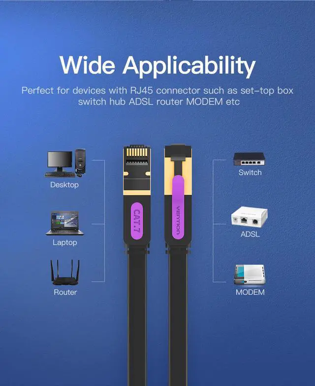 Alt view image 7 of 7 - Cat7 Ethernet Cable, Vention Flat High Speed 10 Gigabit LAN Network Patch Cable with Clips, Faster Than Cat6 Cat5e, Shielded RJ45 Connectors for Xbox One, Switch, Router, Modem, Printer- Black/25ft