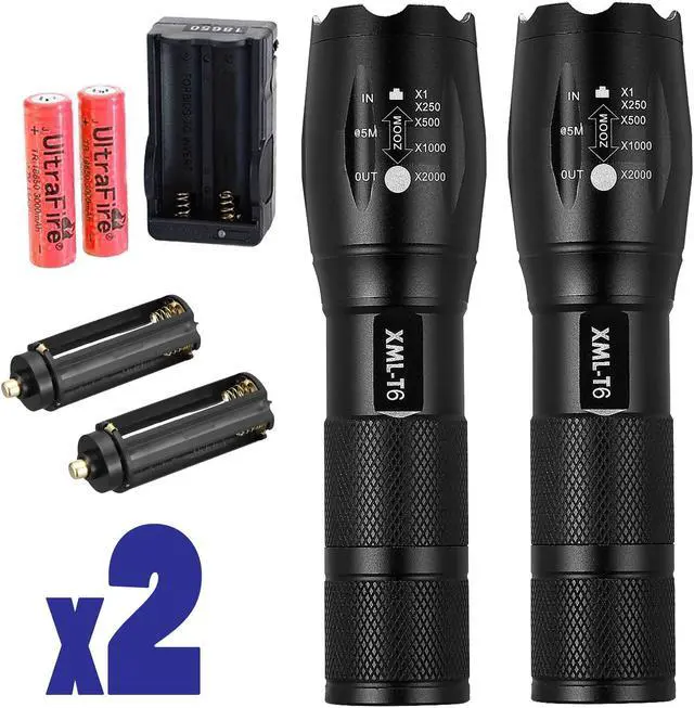 Main image of 2 x Tactical Flashlight Ultrafire T6 High Powered 5 Modes Zoom Aluminum +Battery