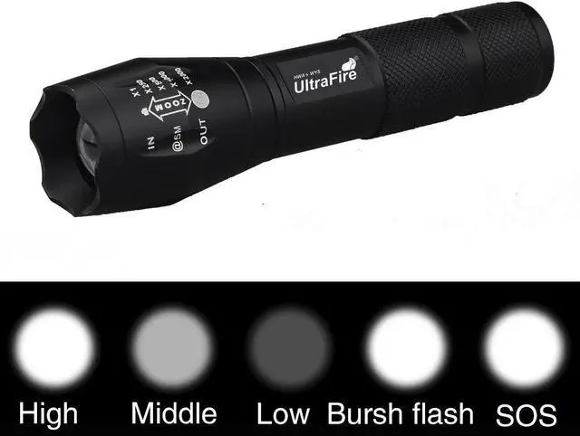 Alt view image 3 of 7 - 2 x Tactical Flashlight Ultrafire T6 High Powered 5 Modes Zoom Aluminum +Battery