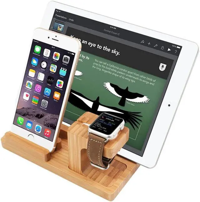 Alt view image 2 of 5 - Fashion Multifunctional Bamboo USB Charging Dock Phone Tablet Holder Mount for Apple Watch Phone Holder