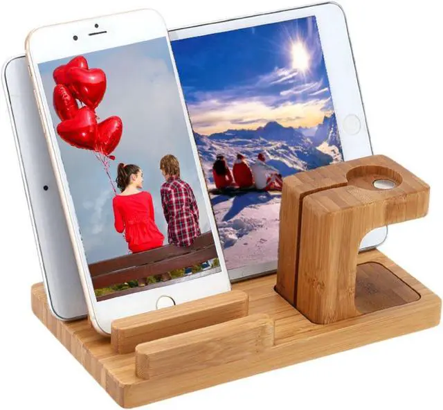 Alt view image 2 of 6 - Mobile Phone Desktop Holder Stand for iPad Tablet Bracket Real Bamboo wood Charging Stand for Apple Watch Pad Phone Tablet