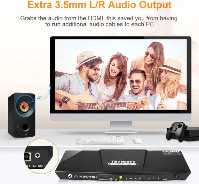 Alt view image 5 of 7 - TESmart HDMI KVM Switch 4 ports 4 in 1 out  , support 4k 3840*2160@60Hz 4:4:4  Support HDR 10 and Dolby Vision ,Complaint with HDCP 2.2, With USB2.0 and audio output interface