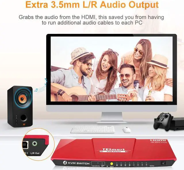 Alt view image 6 of 7 - TESmart HDMI KVM Switch 4 ports 4 in 1 out  , support 4k 3840*2160@60Hz 4:4:4  Support HDR 10 and Dolby Vision ,Complaint with HDCP 2.2, With USB2.0 and audio output ports