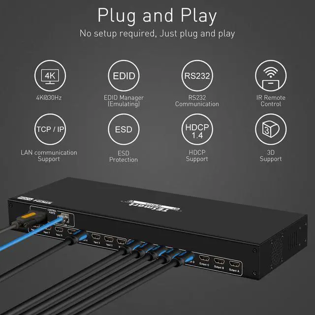 Alt view image 7 of 7 - 8X8 HDMI Matrix Switcher TESmart Rack Mount Ultra HD 4K HDMI Supports 4K@30HZ,1080P@60Hz,3D&Deep Color, LAN Port Control