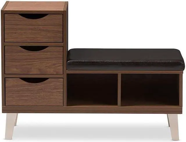 Alt view image 10 of 20 - Baxton Studio Arielle Modern and Contemporary Walnut Brown Wood 3-Drawer Shoe Storage Padded Leatherette Seating Bench with Two Open Shelves