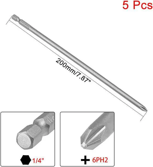 Alt view image 2 of 4 - 5Pcs 1/4-Inch Hex Shank 200mm Length Phillips 6PH2 Magnetic Screw Driver S2 Screwdriver Bits