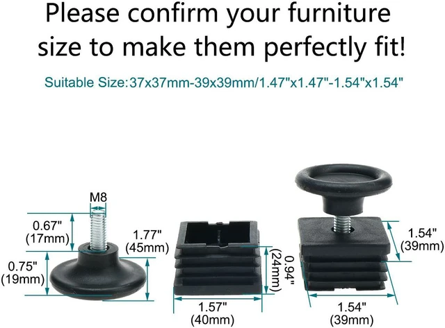 Alt view image 2 of 7 - Leveling Feet 40 x 40mm Square Tube Insert Adjustable Leveler for Cabinet 8 Sets
