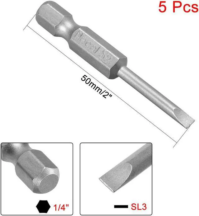 Alt view image 2 of 4 - 5Pcs 1/4" Hex Shank 50mm Length Magnetic SL3 Slot Head Screwdriver Bits S2 Alloy Steel