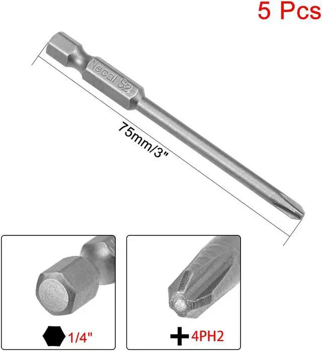 Alt view image 2 of 4 - 5Pcs 1/4-Inch Hex Shank 75mm Length Phillips 4PH2 Magnetic Screw Driver S2 Screwdriver Bits