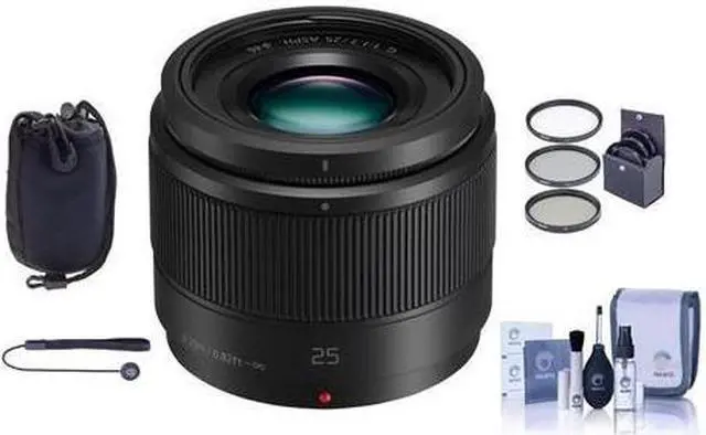 Main image of panasonic 25mm f/1.7 lumix g aspherical lens for micro 4/3 system  bundle with soft lens case, 46mm filter kit, cleaning kit, capleash ii