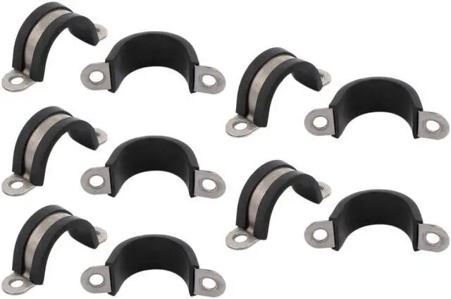 Main image of 10Pcs 25mm Dia Rubber Lined U Shaped Stainless Steel Hose Pipe Clips Clamp Cable