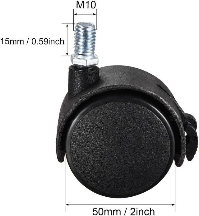 Alt view image 2 of 4 - Furniture Casters 2 Inch Nylon M10 x 15mm Threaded Stem Swivel Caster Wheels w Brake, 38lb Capacity Each Wheel, 5 Pcs