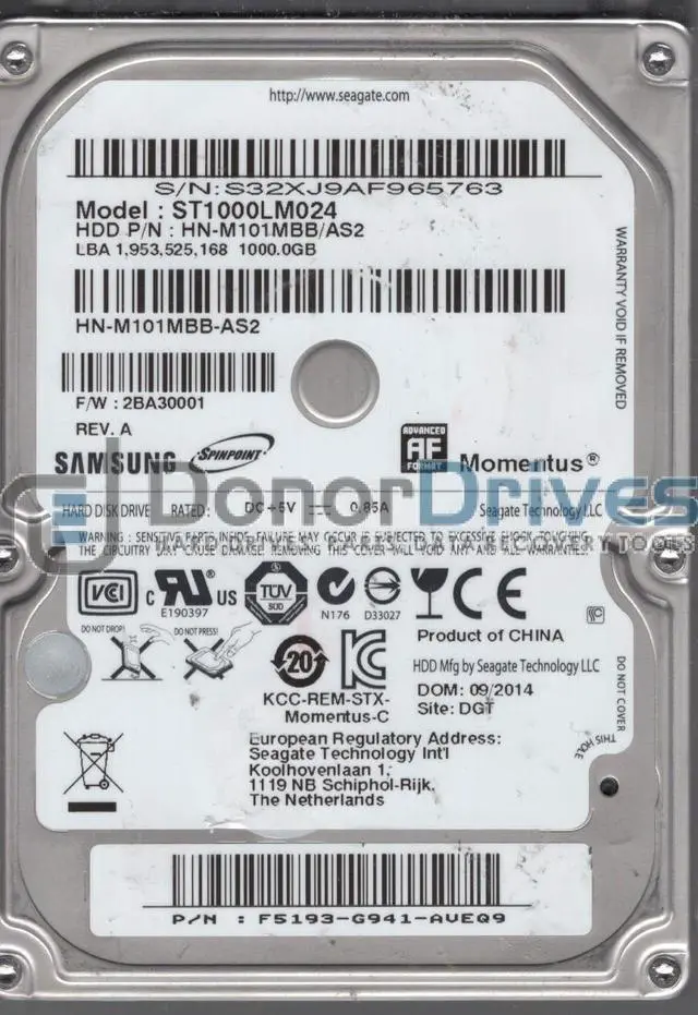 Alt view image 3 of 4 - ST1000LM024, HN-M101MBB/AS2, FW 2BA30001, Samsung 1TB SATA 2.5 Hard Drive