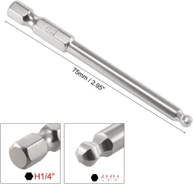 Alt view image 2 of 4 - 5Pcs Ball End Hex Bits 1/4 Inch Hex Shank 75mm Length Magnetic 4MM Head Screwdriver S2 Screw Driver Bit
