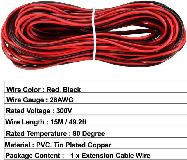 Alt view image 2 of 5 - Red Black Wire 2pin Extension Cable Cord 28 AWG Parallel Wire Tin Plated Copper 15M Length for LED Strip Light