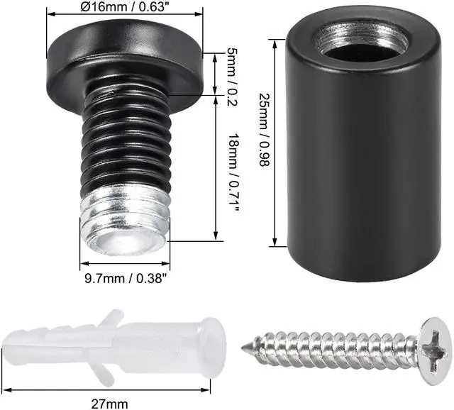 Alt view image 2 of 4 - Glass Standoff Mount Stainless Steel Wall Standoff Holder Advertising Nails 16mm Dia 32mm Length Black with Screws , 6 Pcs