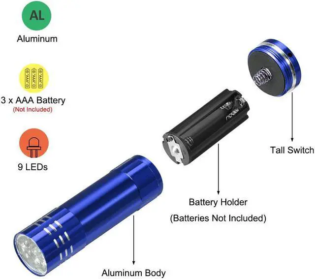 Alt view image 2 of 5 - UV Mini 9 LED Aluminum Flashlight Ultraviolet Blacklight Torch with Lanyard AAA Battery Not Included Blue