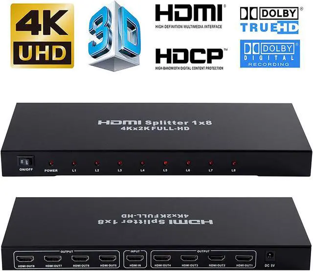 Main image of 4K 1x8 HDMI Splitter WERLEO One in Eight Out Powered 8way HDMI Splitter Audio Video Distributor Amplifier with Charger Support Full HD 3D & 4K x 2K