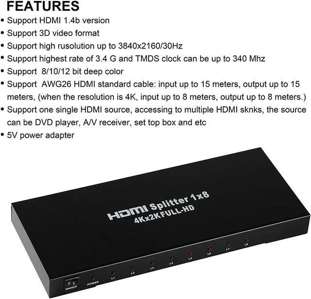 Alt view image 5 of 6 - 4K 1x8 HDMI Splitter WERLEO One in Eight Out Powered 8way HDMI Splitter Audio Video Distributor Amplifier with Charger Support Full HD 3D & 4K x 2K