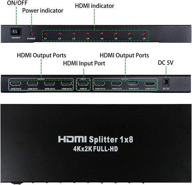 Alt view image 2 of 6 - 4K 1x8 HDMI Splitter WERLEO One in Eight Out Powered 8way HDMI Splitter Audio Video Distributor Amplifier with Charger Support Full HD 3D & 4K x 2K