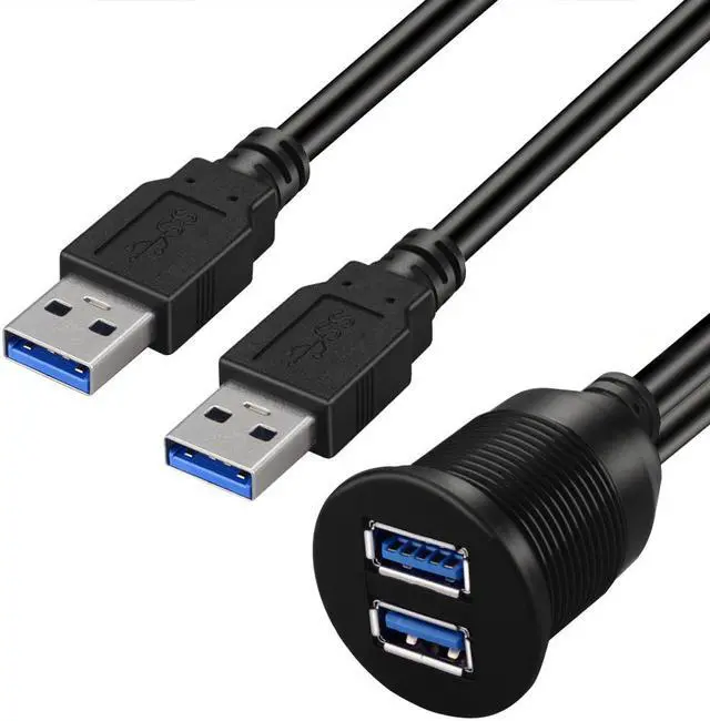 Alt view image 3 of 6 - 2 Ports Dual USB 3.0 Male to USB 3.0 Female AUX Flush Mount Car Mount Extension Cable for Car Truck Boat Motorcycle Dashboard Panel - 3ft