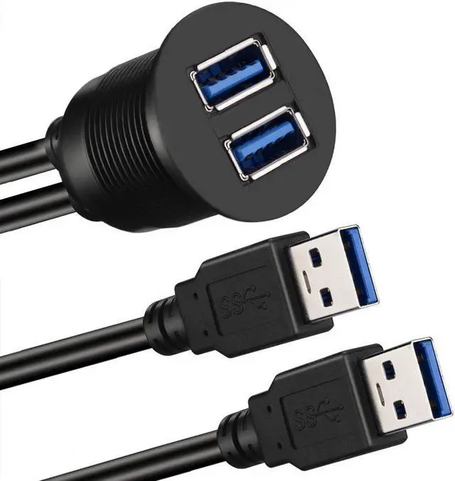 Alt view image 2 of 6 - 2 Ports Dual USB 3.0 Male to USB 3.0 Female AUX Flush Mount Car Mount Extension Cable for Car Truck Boat Motorcycle Dashboard Panel - 3ft
