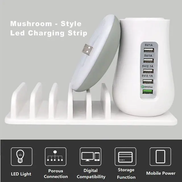 Alt view image 5 of 7 - Werleo USB Charger Station with QC 3.0 Quick Charge 5 Port Fast Charging Dock with Mushroom LED Lamp Universal Charger Stand Organizer for Multiple Devices Phones Tablets