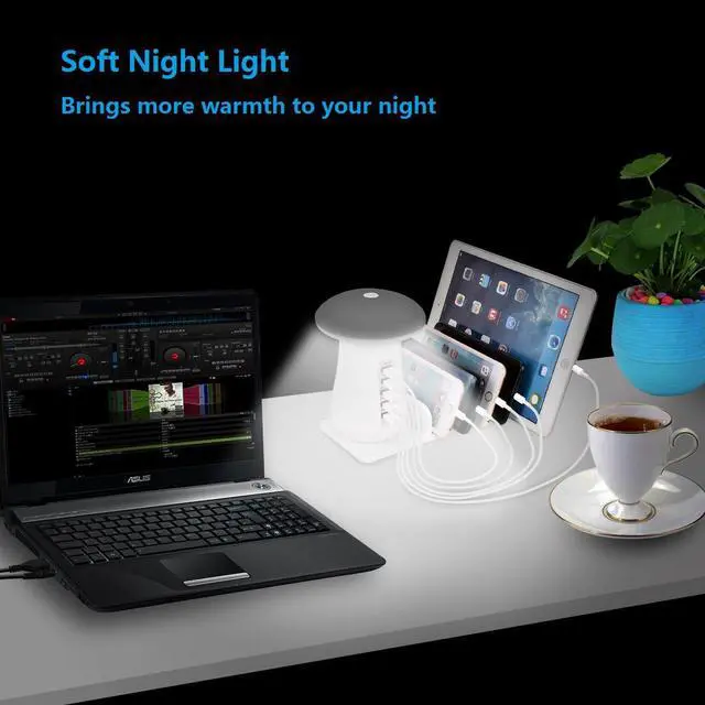 Alt view image 2 of 7 - Werleo USB Charger Station with QC 3.0 Quick Charge 5 Port Fast Charging Dock with Mushroom LED Lamp Universal Charger Stand Organizer for Multiple Devices Phones Tablets