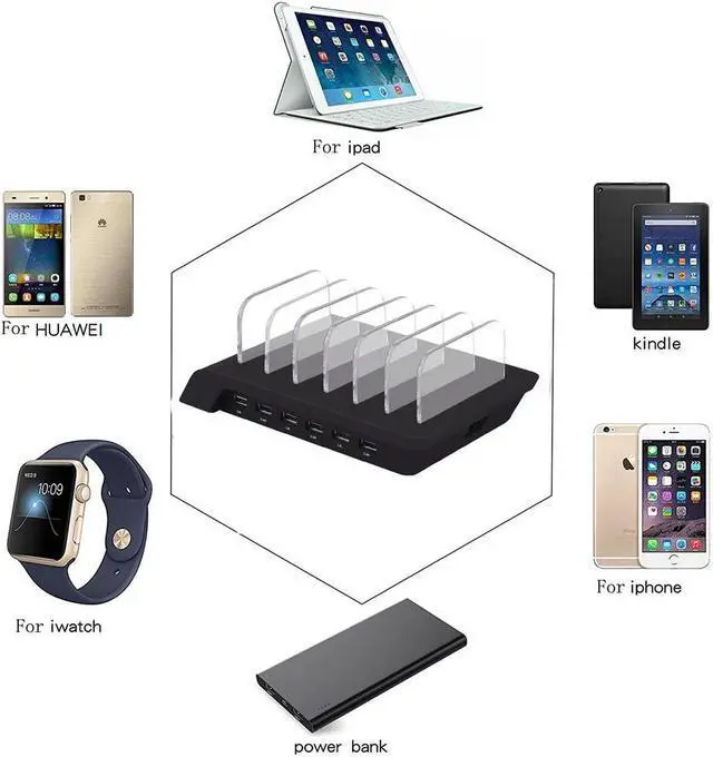 Alt view image 7 of 7 - 10.2A 6 Port USB Charging Station Dock Stand & Device Organizer Universal Desktop Tablet & Smartphone Multi-Device Hub Charging Dock for iPhone iPad Galaxy Tablets