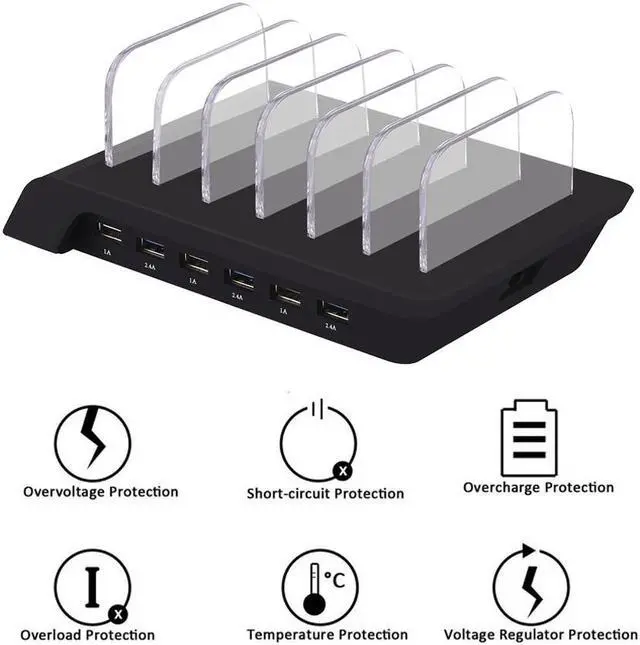 Alt view image 5 of 7 - 10.2A 6 Port USB Charging Station Dock Stand & Device Organizer Universal Desktop Tablet & Smartphone Multi-Device Hub Charging Dock for iPhone iPad Galaxy Tablets