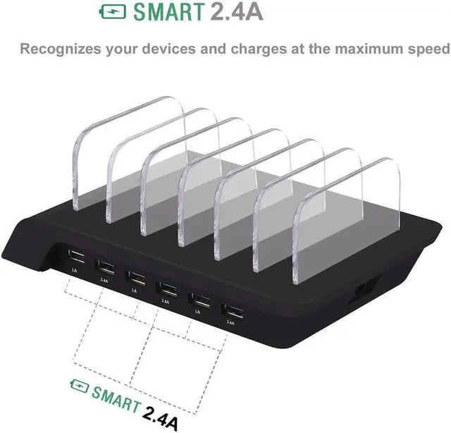Alt view image 3 of 7 - 10.2A 6 Port USB Charging Station Dock Stand & Device Organizer Universal Desktop Tablet & Smartphone Multi-Device Hub Charging Dock for iPhone iPad Galaxy Tablets