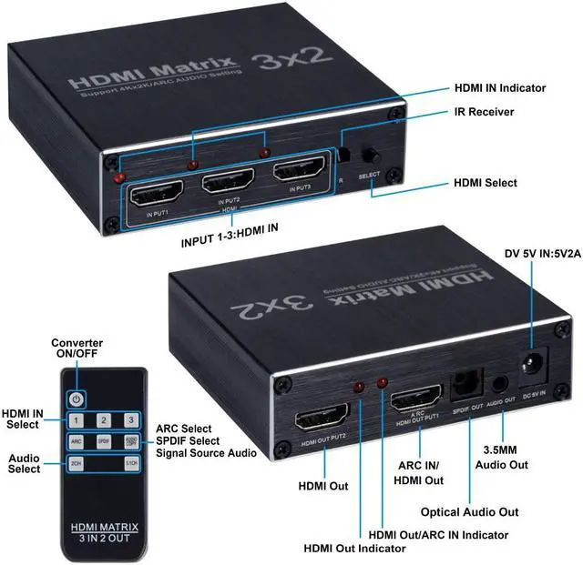 Alt view image 5 of 7 - HDMI Switch 3x2 with Remote Control WERLEO 4K HDR HDMI Switch Splitter 3 in 2 Out with Aluminum Shell Support 4K x 2K 60Hz 1080P 3D ARC with Optical TOSLINK & R / L Audio Extractor