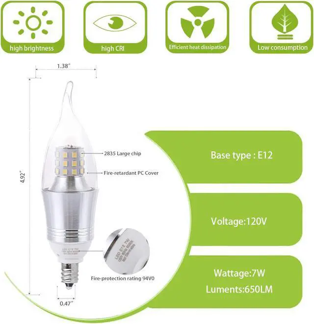 Alt view image 3 of 7 - Werleo 7W E12 Bulb LED Candelabra Light Bulbs 60-75W Incandescent Equivalent Decorate Candle Base E12 Non-Dimmable Chandelier Bulb Cool White 6000K - 6 Packs